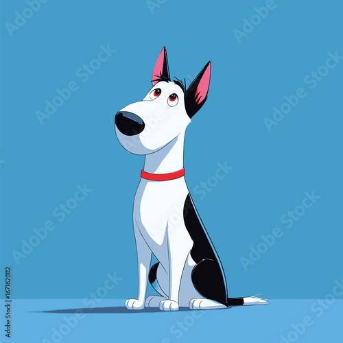 A cheerful cartoon dog with black and white fur sits attentively. Its bright eyes and perky ears are highlighted against a solid blue backdrop, creating a fun and lively atmosphere.