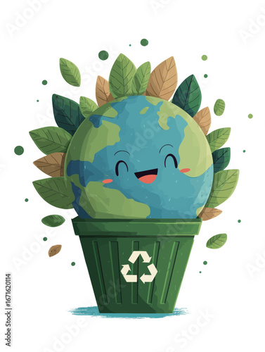 A happy earth character with a smile resides in a green pot adorned with leaves, playfully promoting recycling and environmental care.
