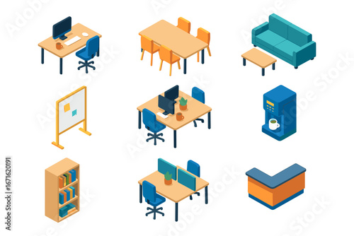 Office furniture set in modern isometric style featuring desks, chairs, and lounge area essentials