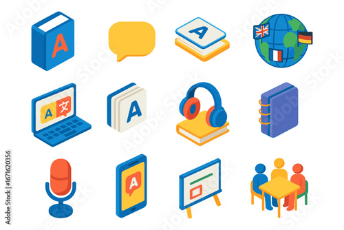 Isometric icons for language learning and translation