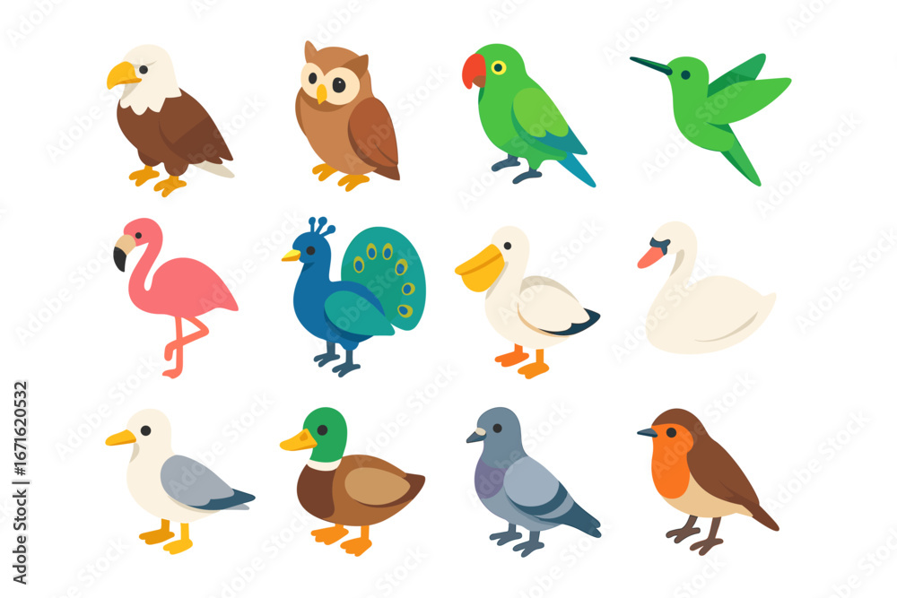 Naklejka premium Colorful flat style birds collection featuring exotic and common species