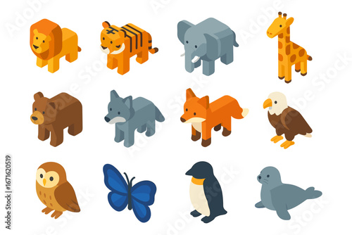 Isometric cartoon animals collection with lion, tiger, elephant, and more