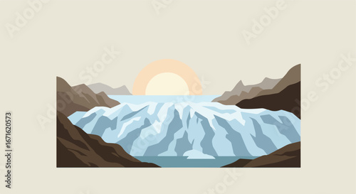 Glacier Flowing Between Mountains at Sunrise