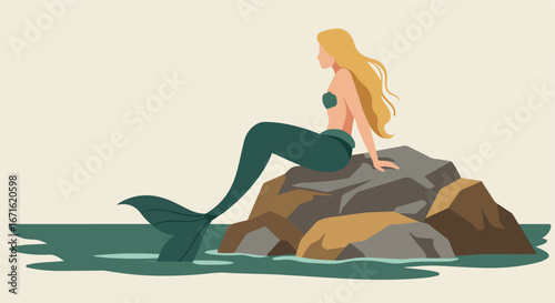 Mermaid Resting on Rocks in Ocean Water, Vector Illustration