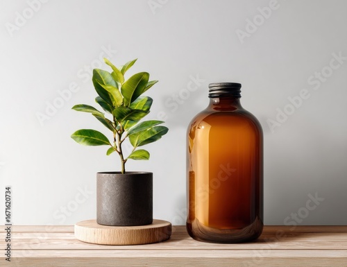 Brown bottle sits by small plant, on wooden platform