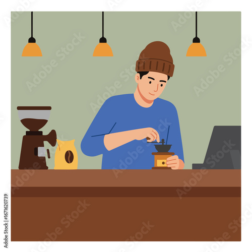 Barista Grinding Coffee at Counter