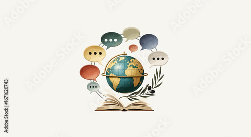 Watercolor illustration representing global dialogue, translation studies, and the power of language for worldwide communication and understanding
