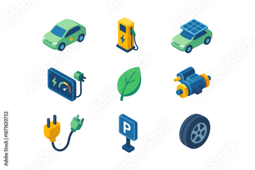 Eco-friendly transport icons set featuring electric cars and charging stations with isometric design