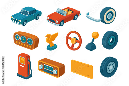 Isometric vintage car parts collection for retro automotive design projects