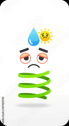 A dejected and withered green coil character suffering from a lack of water and sunlight, a metaphor for burnout and environmental sadness