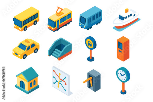 Isometric transport icons collection featuring bus, tram, train, taxi, boat, and city elements