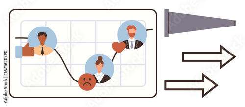 Graph chart featuring emotive journey of customers with emoticons, user icons, line graph, and conveying arrows. Ideal for feedback, analytics, trends, marketing, emotions customer journey data
