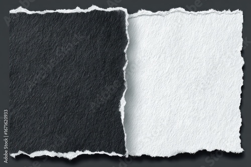 Torn paper effect. Black and white contrast with rough edges on dark grey background, suggesting separation or duality