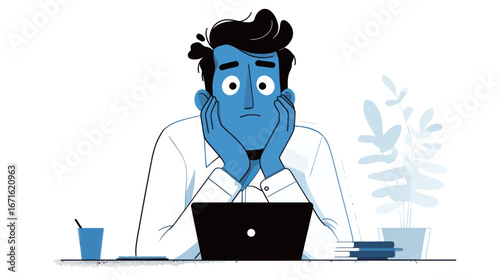 A man with a worried expression rests his chin on his hands while staring at a laptop. Books and a plant are nearby, indicating a home workspace.