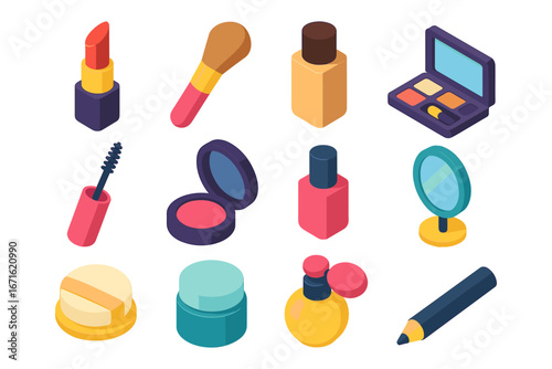Colorful isometric makeup set with lipstick, blush, foundation, and more beauty essentials