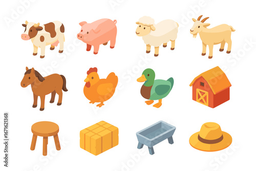 Isometric farm animals and objects set: diverse collection of cute farmyard elements for design