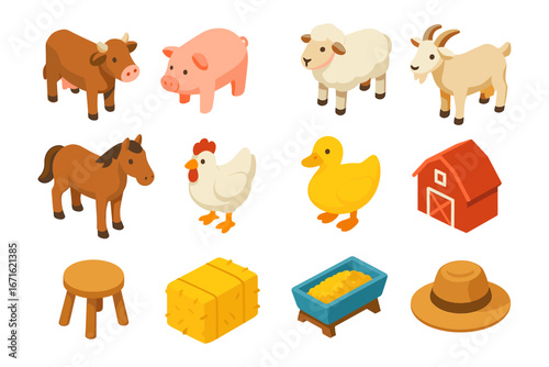 Isometric farm animals and accessories set: cow, pig, sheep, goat, horse, chicken, duck