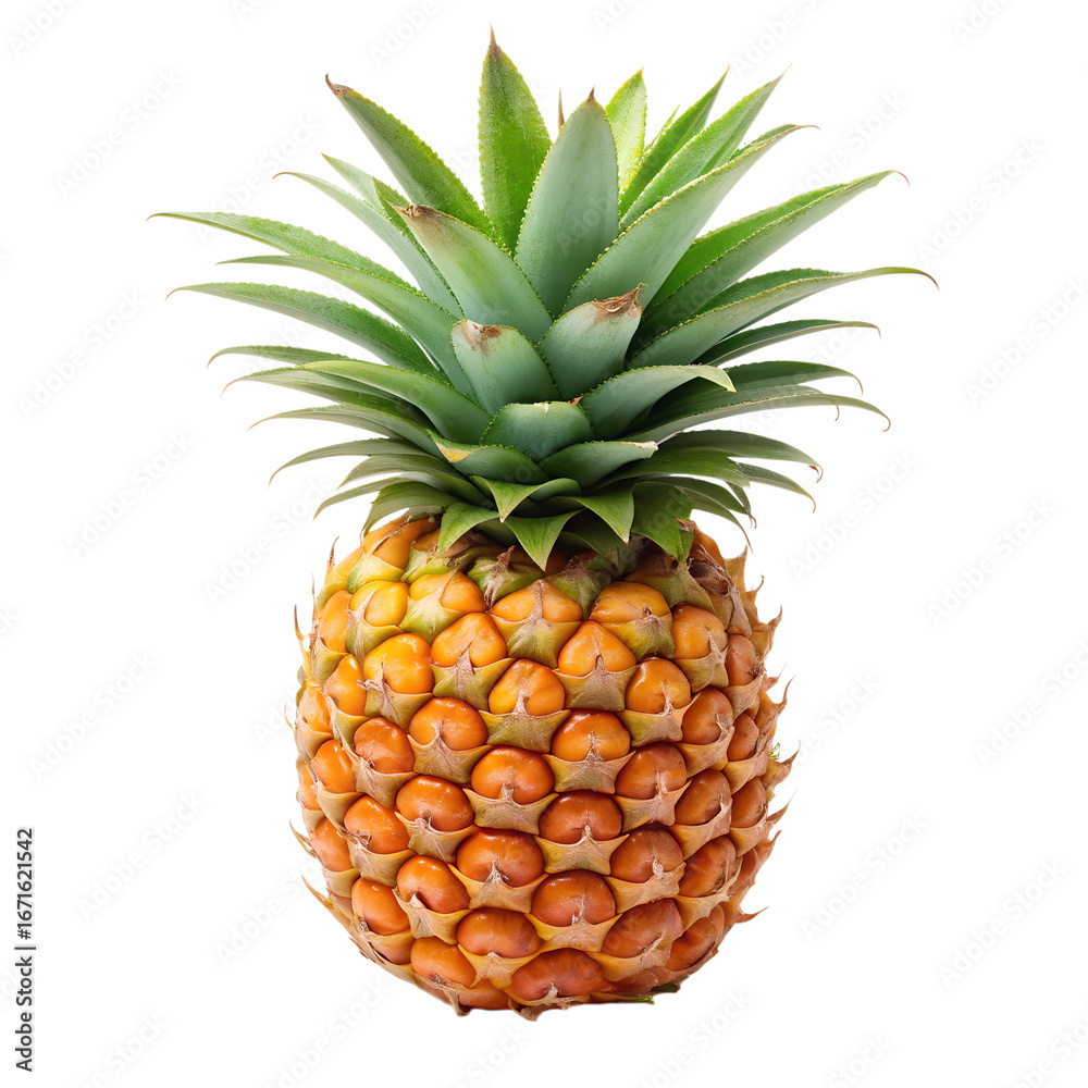 Fototapeta premium A ripe, whole pineapple with a spiky green crown and textured brown skin, isolated on a transparent background, showcasing its tropical appeal and natural beauty