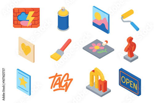 Isometric urban art elements: spray can, paint roller, graffiti, and sculpture icons