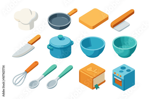Colorful isometric kitchen utensils set with pots, pans, and baking tools