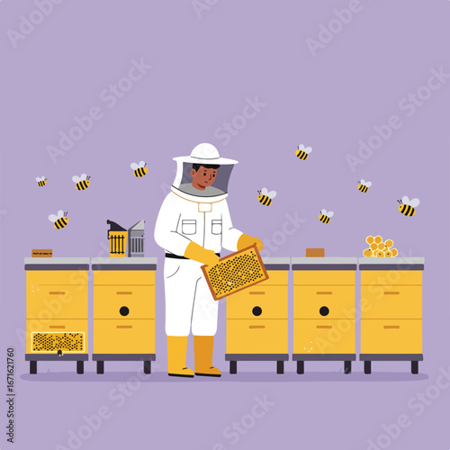 Beekeeper Inspecting Honeycomb at Apiary
