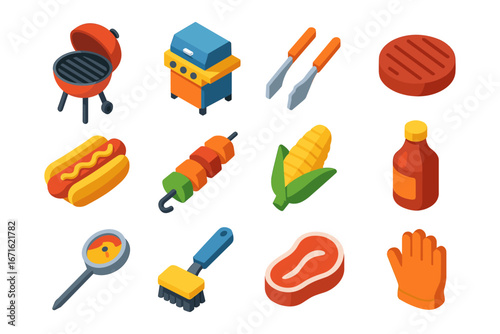 Isometric bbq cooking tools and food icons set for summer grilling