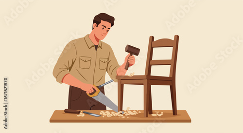 Carpenter Working On Wooden Chair In Workshop