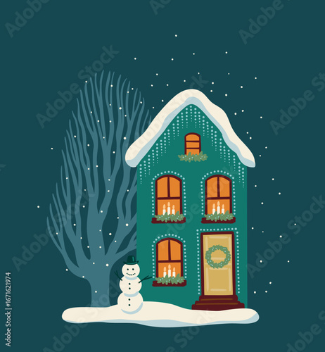 Holiday house illustration. Christmas decorations. New Year symbols. Vector design