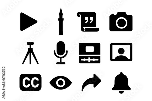 Set of essential black media and communication icons for digital use