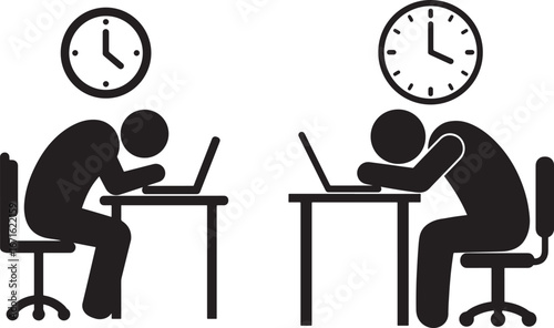 Two tired office workers sleeping at their desks with clocks overhead silhouette