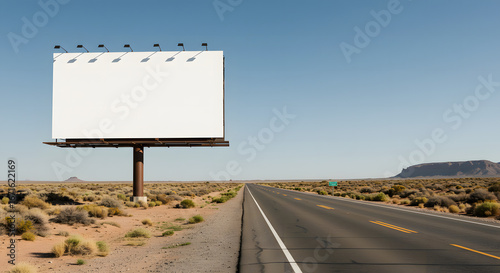 Blank billboard towering over a long, empty desert highway under a clear blue sky, presenting a vast, pristine canvas for impactful advertising and branding