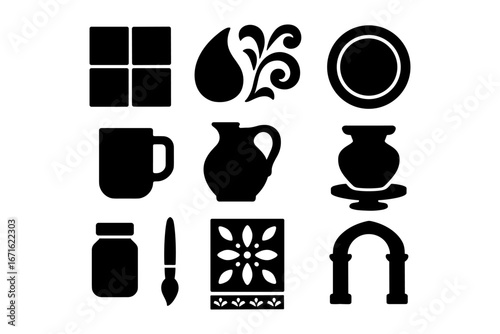 Silhouette collection of ceramic and decorative home items in bold black icons