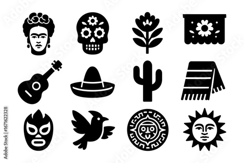 Mexican culture icons: day of the dead, mariachi, sombrero, cactus, sun, luchador