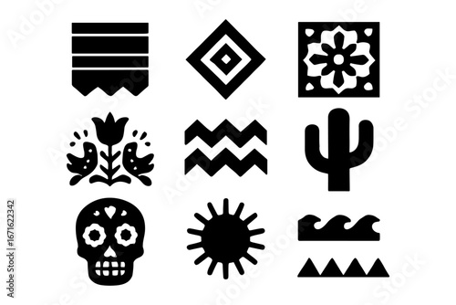 Stylish collection of aztec and mexican inspired geometric icons