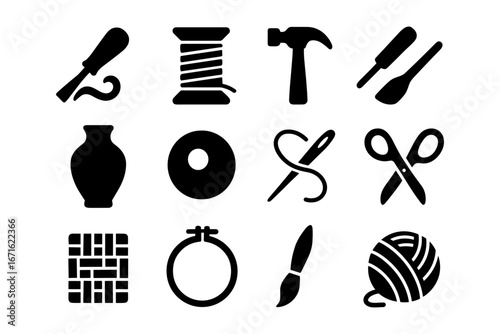 Silhouette craft icons: woodworking, sewing, pottery, knitting, painting