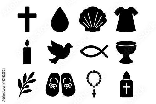 Silhouette icons of christian symbols: cross, dove, fish, rosary, and more
