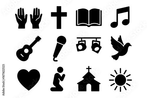 Black silhouette icons of religious faith and worship elements