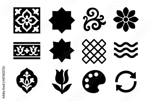 Black silhouette icons: floral, geometric, and abstract symbols for design inspiration