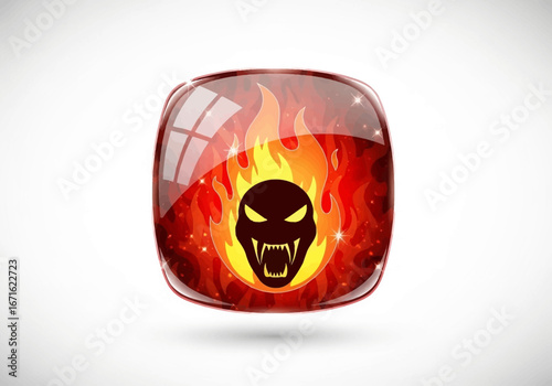 A sinister demonic skull with sharp fangs engulfed in blazing hellfire, depicted as a glossy, modern digital icon for applications or games