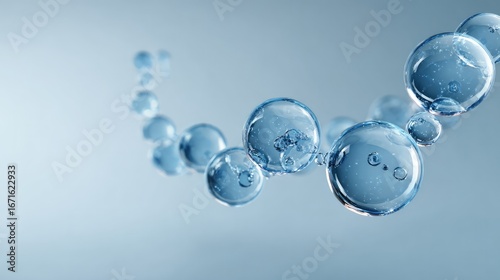 Close-up of blue exosome particles inside transparent spheres, representing biotechnology and scientific visualization in cosmetology and trichology, with blurred light tones highlighting chaos