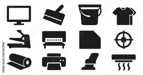 Essential home and office icons: silhouettes of everyday tools and devices