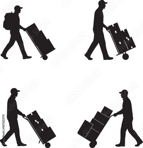 Silhouette of delivery men transporting packages on hand trucks for shipping
