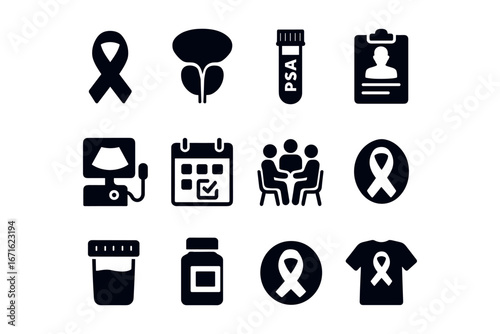 Prostate cancer awareness icons set: ribbon, calendar, medical symbols, flat design