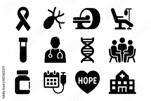 Medical healthcare icons including ribbon, doctor, dna, hospital, and hope symbol in black silhouette style
