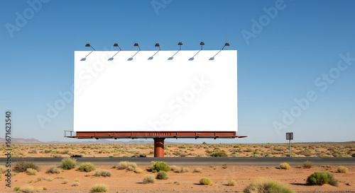 Blank billboard on a desert highway advertising space, copy space, outdoor signage, desert landscape and blue sky