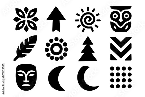 Set of abstract geometric symbols in bold black silhouette style