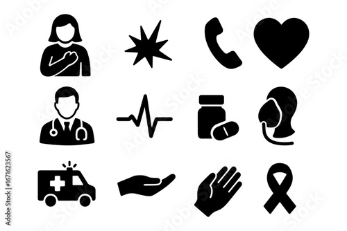 Healthcare and emergency silhouette icons set including heart, doctor, and ambulance
