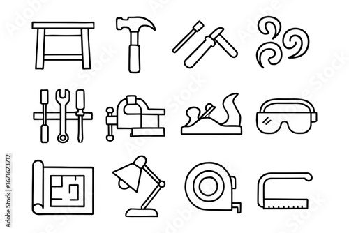Black and white outline icons of carpentry and woodworking tools