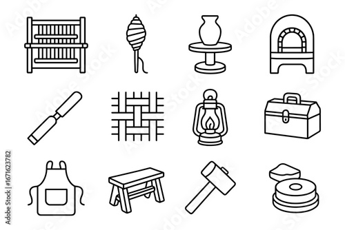 Traditional craft icons: pottery, weaving, blacksmithing tools in linear style