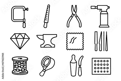 Black and white outline icons of jewelry making tools and equipment